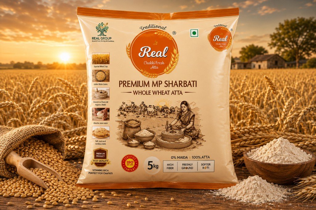 Real Chakki Fresh Atta 5kg pack � Premium MP Sharbati design