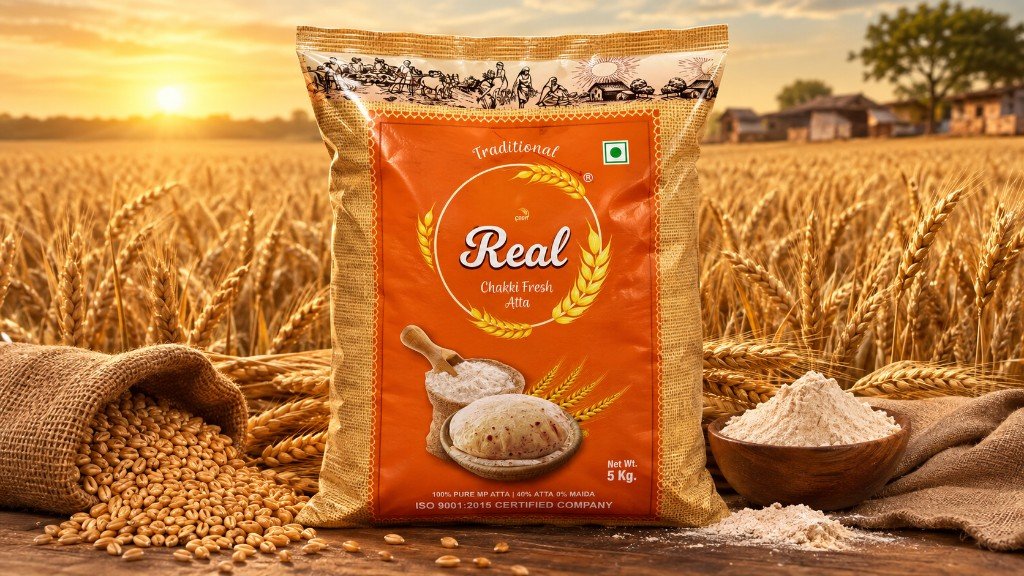 Real Chakki Fresh Atta 5kg pack with wheat grains and flour